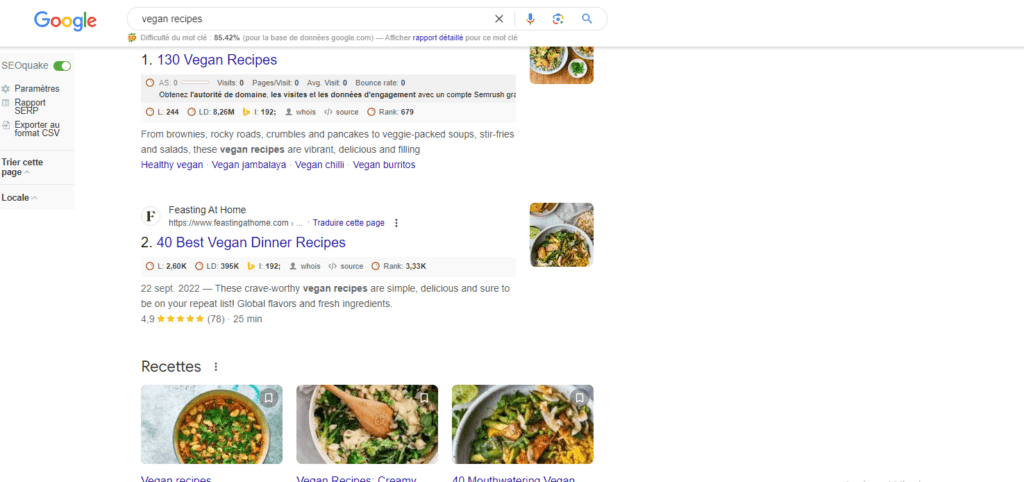 Screenshot of Google search results for the term 'vegan recipes,' displaying various recipe listings, featured snippets, and suggested questions related to plant-based meals.