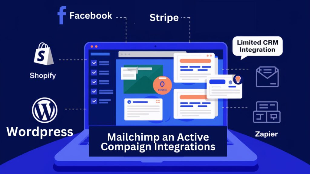 An illustration showcasing Mailchimp and ActiveCompaign seamless integration with popular apps like Shopify, Zapier and many more...