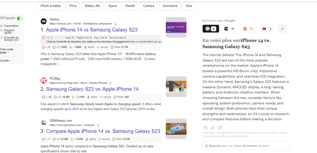 Screenshot of Google search results for the keyword 'iPhone 14 vs. Samsung Galaxy S23,' displaying a comparison of features, prices, and reviews.