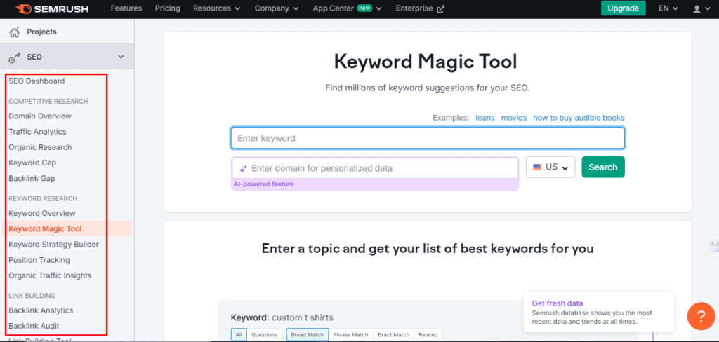 Semrush Keyword Magic Tool gives you access to free keyword research