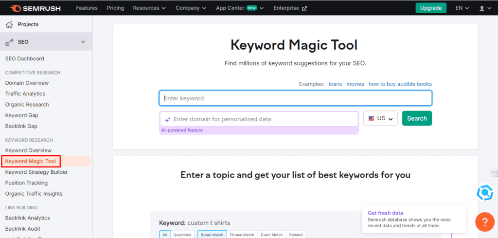 Using Semrush's Keyword Magic Tool helps you find keywords that match high intent search terms