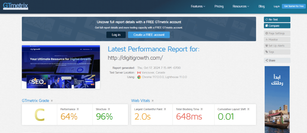 GTmetrix website optimisation tool.