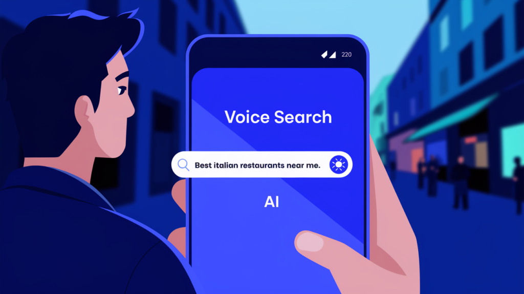 A man using voice search on his phone with AI, speaking the query 'Best Italian restaurants near me.'