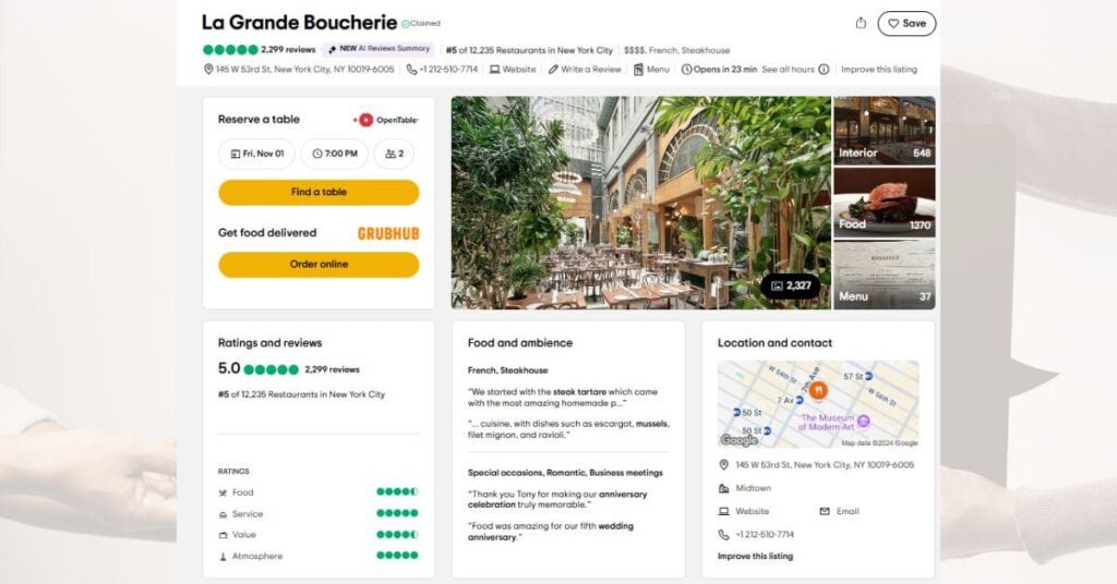 Screenshot of La Grande Boucherie’s TripAdvisor listing, displaying 2,299 reviews and a perfect 5.0 rating. The restaurant is ranked #5 out of 12,235 in New York City,