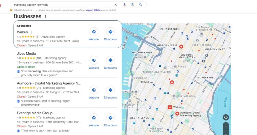 Screenshot displaying search engine results for a marketing agency in New York, showcasing the agency's website ranked at the top of the page, along with a list of other local marketing agencies, their ratings, and contact information.