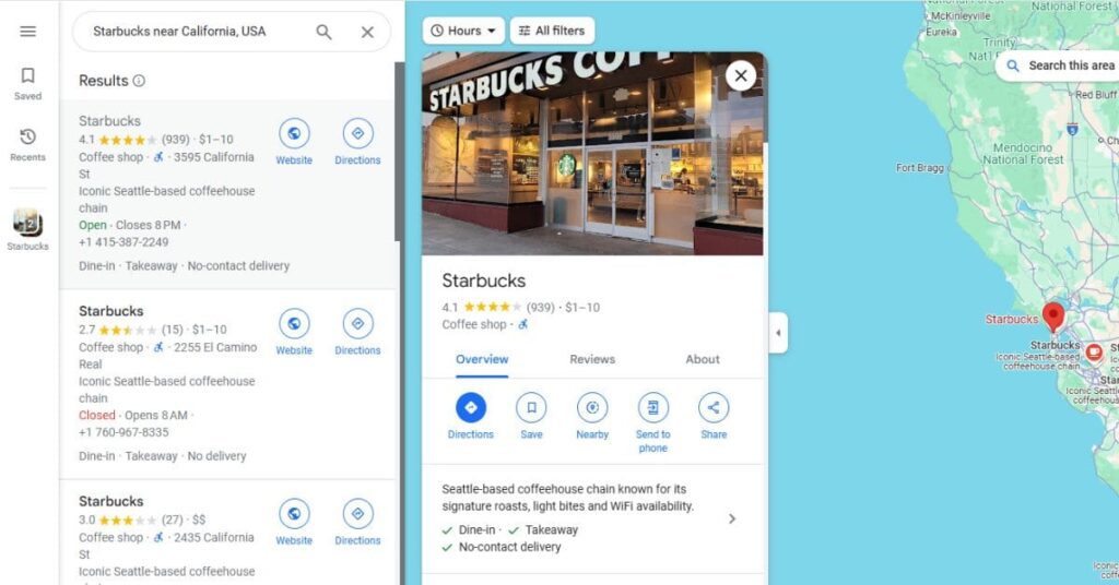 Screenshot of Google reviews for Starbucks, showing a mix of ratings and customer comments. The overall rating is highlighted, alongside individual reviews praising customer service, product quality, and experiences at various locations.